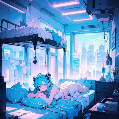 masterpiece,pastelvectorai,cyberpunkinterior,kawaiitech,1girl, pastel colors, kawaii, cutecolors,numbness,lying on bed,wide shot