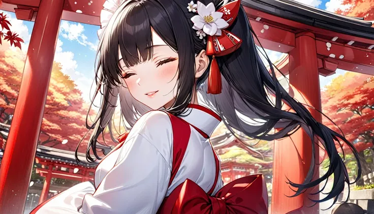 (beautiful and delicate),
(master anatomy dynamic pose, back view), (panoramic, pov)
solo:2,
(best beautiful blunt bangs and straight)
(best beauty black hair long hair)
(best sexy shrine maiden girl is 15 yo)
(sexy closed eyes)
(sexy love smile), ((beauti...