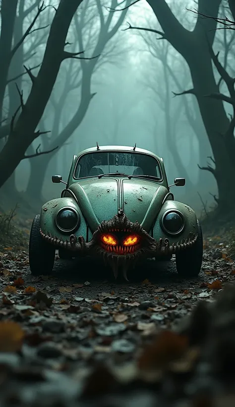 a Volkswagen Beetle car with a monstrous and terrifying appearance in a haunting forest, 4k, 8k, highres, masterpiece, ultra-detailed, realistic, photorealistic, photo-realistic, HDR, UHD, studio lighting, ultra-fine painting, sharp focus, physically-based...