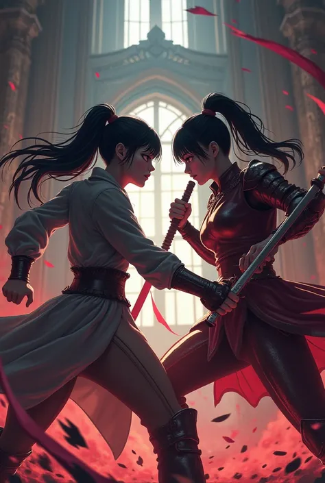 black haired girl with bangs with loose hair, slanted eyes, of Asian rasgo, Cream skin tone in an epic and dangerous battle inside a mansion against a girl in armor, with high ponytail, Dark skin tone