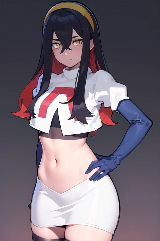 pokemoncarmine, pokemoncarmine, black hair, colored inner hair, crossed bangs, hair between eyes, hairband, long hair, mole, mole under eye, multicolored hair, red hair, sidelocks, two-tone hair, (yellow eyes:1.5), yellow hairband,
BREAK team rocket,team r...