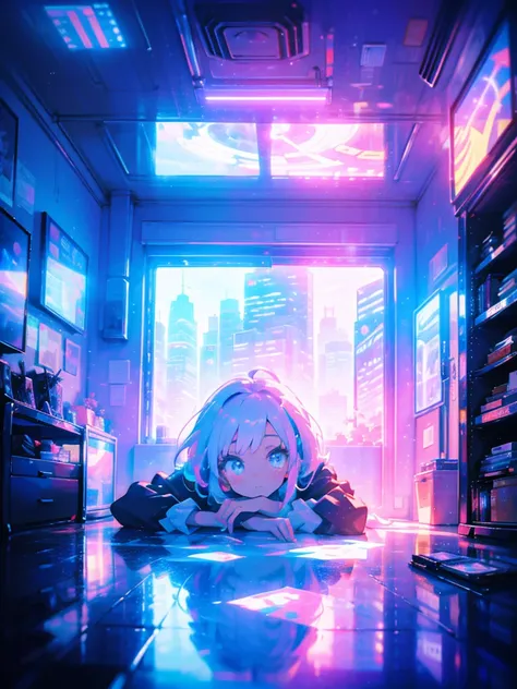 masterpiece,highly detailed interior,starry,stars,cyberpunkinterior,kawaiitech,1girl, Pastel colors, kawaii, cutecolors,numbness,lying on bed,Colorful portraits