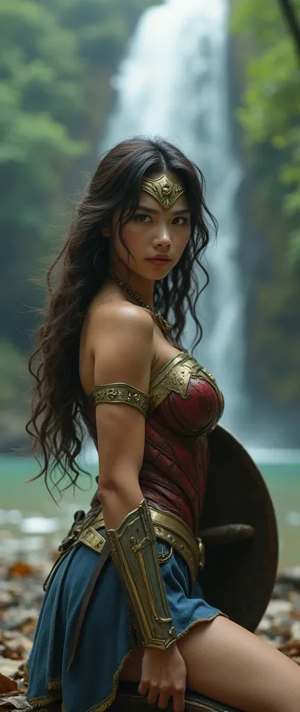 Japanese、cute、Wonder Woman。 Brown Hair、masterpiece、beautiful girl、Beautiful Eyes、Swollen eyes、Silver lining、Best Quality、超High resolution、(reality:1.4)、Cinema Lighting、so beautiful、Wonder Woman cosplay。 so beautiful顔。 Japanese、10th Generation、Beautiful whi...