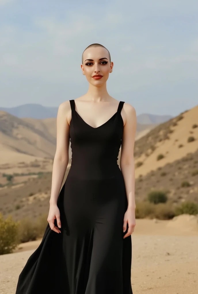 beautiful woman, smoothly shaven bald, wearing a black sun dress, dress flowing in the warm breeze of the mountains
