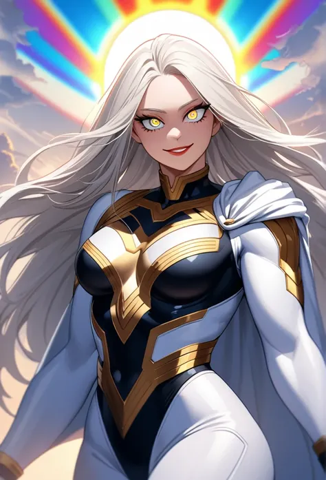 Beautiful detailed eyes, Beautifully detailed lips, Highly detailed eyes and face, Long eyelashes, 1 girl, Superhero, White and gold outfit, armor, White straight hair, Rainbow Eyes, sun, Muscular, Smiling, Dark Hero, Dark Power, goddess, Assassin, White h...