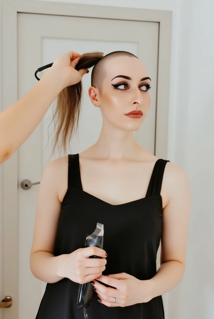 the top of her head is being shaved with hair clippers, a beautiful woman is shaving her head with hair clippers, cut hair is falling to the ground, she is holding a severed ponytail in her hand and the hair clippers in the other hand, she is wearing a bla...