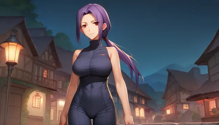 Score_9, Score_8_up, Score_7_up, One Girl,smile, Hirokazu Koyama ,Sweaty,sexy,Pixel Perfect,Large Breasts,Anatomically correct, Masterpiece Highly detailed,8k,indoor,(Fits your body,Rider Suit,Sleeveless,Thin fabric),, Red eyes, ( Long Hair, Purple Hair, P...