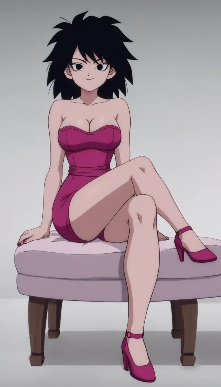 source_anime, score_9, score_8_up, score_7_up, anime screencap, absurd res, official style, gine, 1girl, solo, black hair, black eyes, closed mouth, pelo aguamarina, bare shoulders, strapless, medium breast, a strapless black tube dress, cleavage, sitting ...