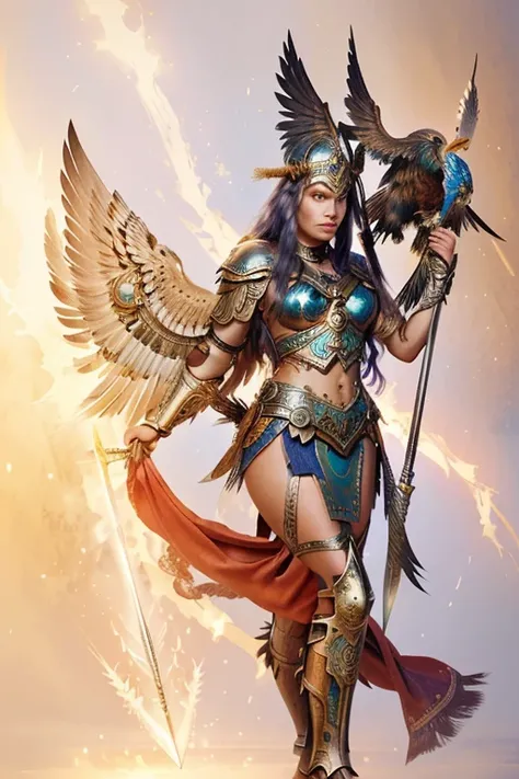 a painting of a woman with a sword and a bird, as a mystical valkyrie, norse goddess, mystical atlantean valkyrie, mystical valkyrie, valkyrie, avian warrior, the god athena, athena goddess of wisdom, greek goddess athena, warrior woman, female warrior, a ...