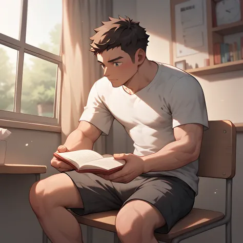 A boy is sitting studying in his room, The boy is a Japanese male high school student with short fluffy tan hair, wearing a T-shirt and a jumper with shorts.