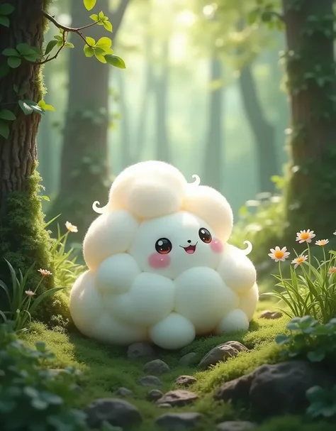 create  cute creature made of white foam, in forest, grasses, trees, moss, light penetrating through trees,