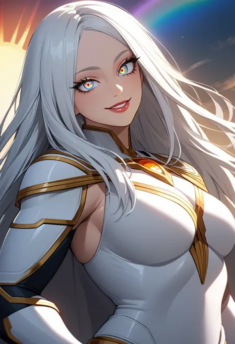 Beautiful detailed eyes, Beautifully detailed lips, Highly detailed eyes and face, Long eyelashes, 1 girl, Superhero, White and gold outfit, armor, White straight hair, Rainbow Eyes, sun, Muscular, Smiling a little, Dark Hero, Dark Power, goddess, Assassin...