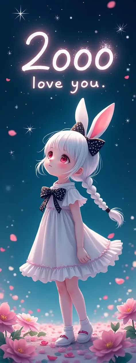 Cute little young girl with white skin, big red eyes, long white fluffy hair(with a big black hairbows and stylish hair decorated in a braid) with white rabbit ears, wearing a white frilly dress, looking at the sky,Standing in the glass field with cute col...