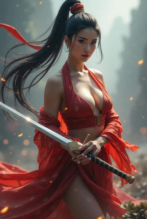 Score_9, score_8_up, score_7_up,((Full body)), (looking at viewer, front facing viewer), digital art ilustration, depth of field, cinematic light, chiarosaurio, mist, particles, sparks,reflections, beautiful Chinese Wuxia woman with big breasts in revealin...