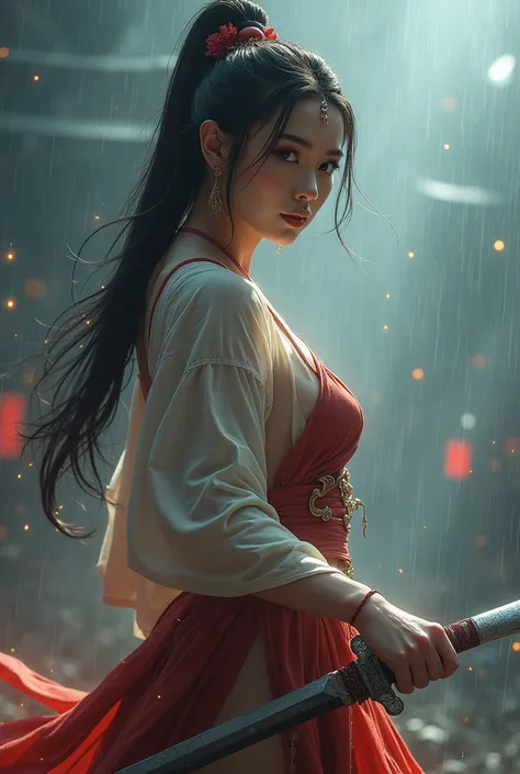 Score_9, score_8_up, score_7_up,((Full body)), (looking at viewer, front facing viewer), digital art ilustration, depth of field, cinematic light, chiarosaurio, mist, particles, sparks,reflections, beautiful Chinese Wuxia woman with big breasts in revealin...