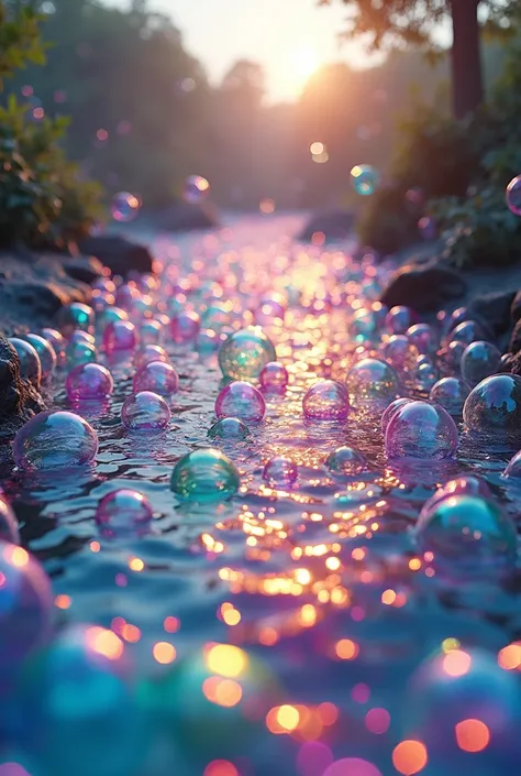 anime、masterpiece、 Best Quality, Very detailed、8k、 High resolution, Surreal、Absurd、(Countless rainbow-colored bubbles):1.2、A river filled with countless bubbles、