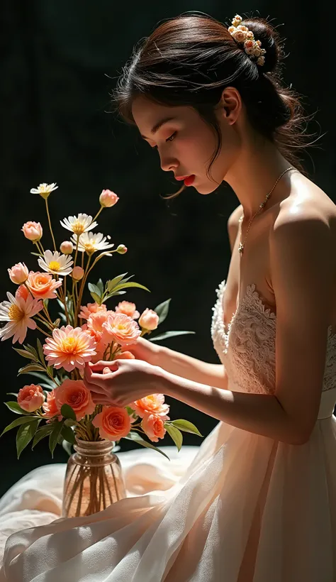 a beautiful young woman performing avant-garde ikebana floral arrangement, delicate flowers, intricate flower arrangements, dramatic lighting, high contrast, moody atmosphere, elegant pose, focused expression, cinematic, dramatic lighting, chiaroscuro, ric...