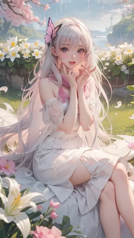 skirt, One hand on lips、头发周围有白色Butterfly兰，Dendrobium officinale、、White Lily、1 girl in、Full body photo、White hair、Flowing hair、Hazy Beauty、Possessing extremely beautiful facial features、Hairpin on head、Lying in the flowers、Pull your chin with both hands、Per...