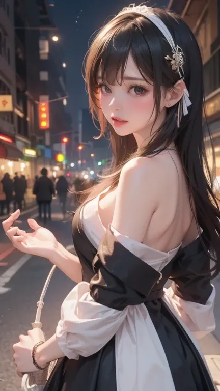 (Backlight,Umbilical cord:1.1,Black Hair),Beautiful girls in school uniforms on the busy streets of Gintama, There are vendors all around, Beautiful portrait of a goddess of beauty, Beautiful detailed face, Porcelain-like skin, Half-length portrait, Center...