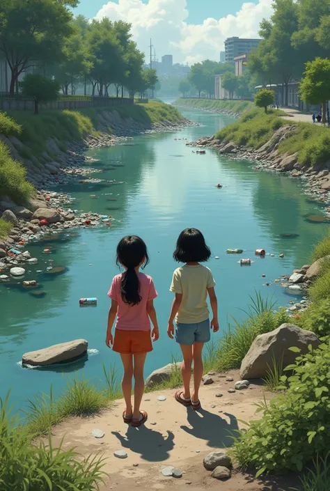 Two girls walking along a river, realizing that the water is dirty, full of garbage and waste