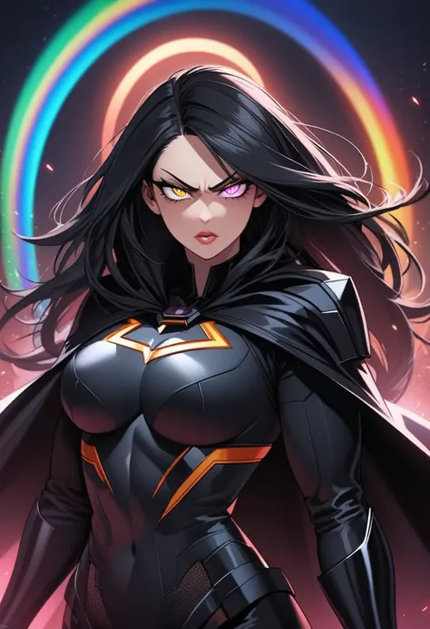 beautiful detailed eyes, beautiful detailed lips, extremely detailed eyes and face, long eyelashes, 1 girl, superhero, black iron costume, armor, black straight hair, rainbow eyes, moonlit night, muscular, slightly angry, dark hero, dark power, goddess, as...