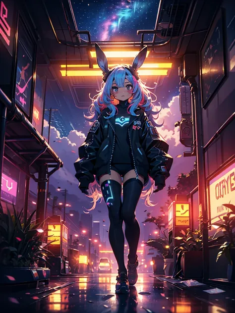 masterpiece,highly detailed interior,starry,strry light,night,colorful,cloud,star (sky),bunny technique,cyberpunkinterior,kawaiitech,1girl,kawaii, cutecolors,numbness,lying on bed,Colorful portraits,wide shot, full body