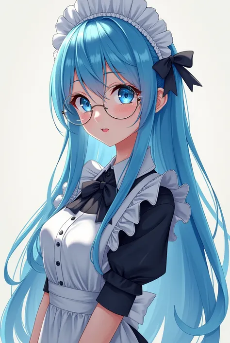 Woman wearing round glasses, Blue hair, Long hair, Beautiful Japanese girl&#39;s face, wearing a maid outfit, full body photo