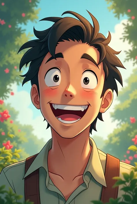 Portrait of a laughing man, anime style, (Hayao Miyazaki movie scene:1.5)