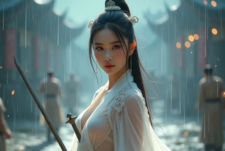 (((Full body))), Score_9, score_8_up, score_7_up,(looking at viewer, front facing viewer), digital art ilustration, depth of field, cinematic light, chiarosaurio, mist, particles, sparks,reflections, beautiful Chinese Wuxia woman with big breasts in reveal...