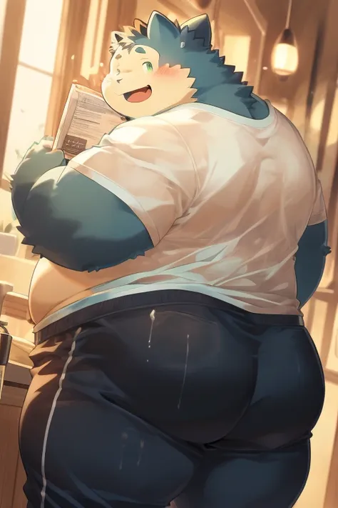 snorlax (pokemon)，obese,  distracted, green eyes, wearing a tight white tank top, black sweatpants, big butt, massive ass, round...