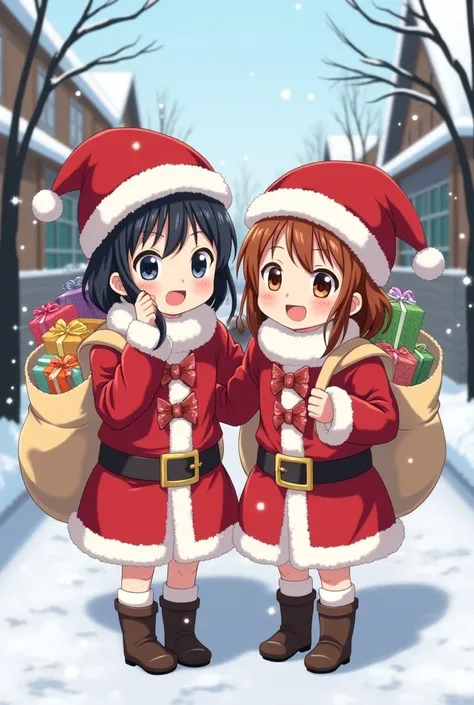 Anime elementary school twins, one with black hair, one with brown hair, wearing Santa Claus costumes, carrying a bag of presents