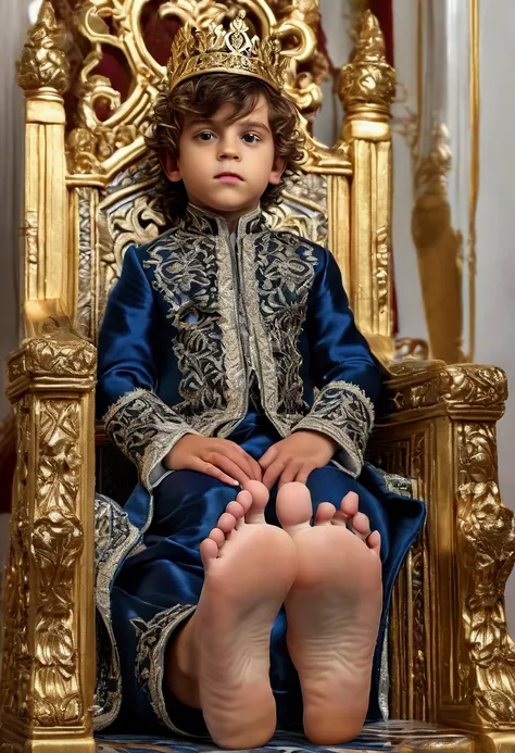 a child prince on a throne, beautiful detailed feet soles, highly intricate ornate throne, elaborate golden decorations, regal e...