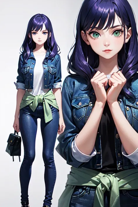 ((The best quality)), ((masterpiece)), (DETAILED), (4k), 1 woman, (with some tight violet jeans), (a purple fitted denim jacket),(violet clothes), ((blue hair)), ((long beautiful hair)), ((green eyes)) ,(18 years old), ((with hands on waist)), ((looking at...