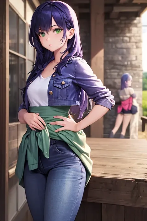 ((The best quality)), ((masterpiece)), (DETAILED), (4k), 1 woman, (with some tight violet jeans), (a purple fitted denim jacket),(violet clothes), ((blue hair)), ((long beautiful hair)), ((green eyes)) ,(18 years old), ((with hands on waist)), ((looking at...