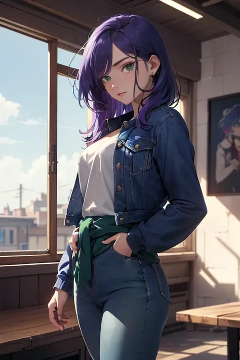 ((The best quality)), ((masterpiece)), (DETAILED), (4k), 1 woman, (with some tight violet jeans), (a purple fitted denim jacket),(violet clothes), ((blue hair)), ((long beautiful hair)), ((green eyes)) ,(18 years old), ((with hands on waist)), ((looking at...