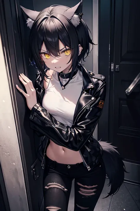 Female, Black short hair (side-swept), piercing yellow eyes (shining in the dark, dilated), leather jacket (tight), teeth bared, wolf ears and tail, angry expression, tight ripped jeans, white shirt (too small), standing in a hallway (little to no lighting...