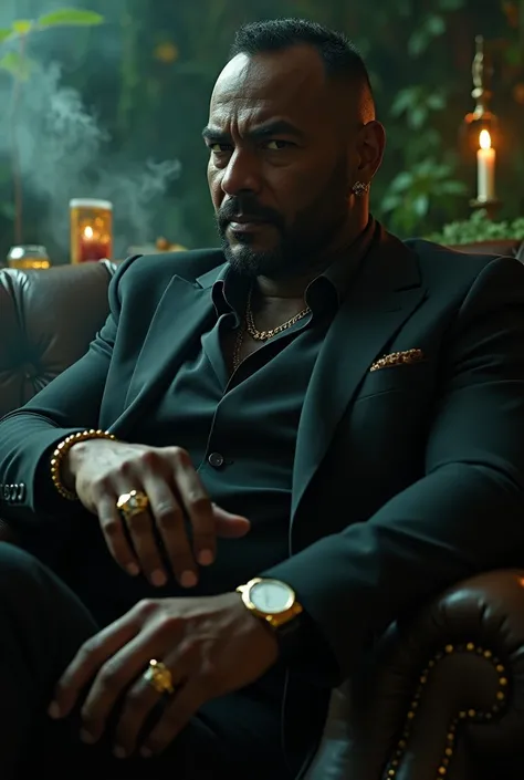 a black man, dressed like a very respectable mafioso, sitting exuberantly. On his finger a gold ring. The setting is reminiscent of Pablo Escobar&#39;s farms. He has a haughty look as if it penetrates the soul... Dark atmosphere in the environment. smoke. ...