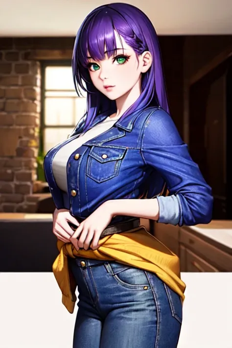 ((The best quality)), ((masterpiece)), (DETAILED), (4k), 1 woman, (with some tight violet jeans), (a purple fitted denim jacket),(violet clothes), ((blue hair)), ((long beautiful hair)), ((green eyes)) ,(18 years old), ((with hands on waist)), ((looking at...