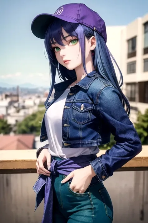 ((The best quality)), ((masterpiece)), (DETAILED), (4k), 1 woman, (with some tight violet jeans), (a purple fitted denim jacket),(violet clothes), ((blue hair)), ((long beautiful hair)), ((green eyes)) ,(18 years old), ((with hands on waist)), ((looking at...