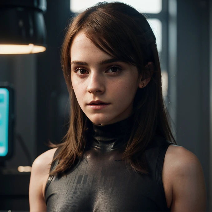 Emma Watson（Emma Watson), Long Straight Hair::Futuristic cyberpunk style, Realisticstyle, ::n_Digital painting style, Shape parts. deformed face