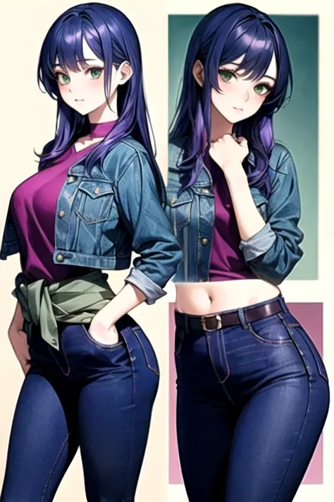 ((The best quality)), ((masterpiece)), (DETAILED), (4k), 1 woman, (with some tight violet jeans), (a purple fitted denim jacket),(violet clothes), ((blue hair)), ((long beautiful hair)), ((green eyes)) ,(18 years old), ((with hands on waist)), ((looking at...