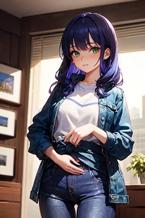 ((The best quality)), ((masterpiece)), (DETAILED), (4k), 1 woman, (with some tight violet jeans), (a purple fitted denim jacket),(violet clothes), ((blue hair)), ((long beautiful hair)), ((green eyes)) ,(18 years old), ((with hands on waist)), ((looking at...