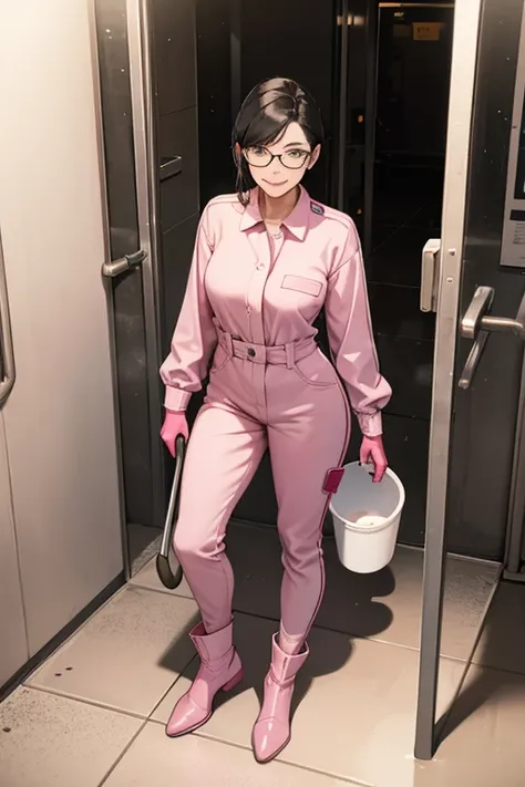 A mature woman with glasses and black hair in a long sleeve jumpsuit, wearing long pink rubber gloves and white boots, cleaning a dirty station toilet with a smile