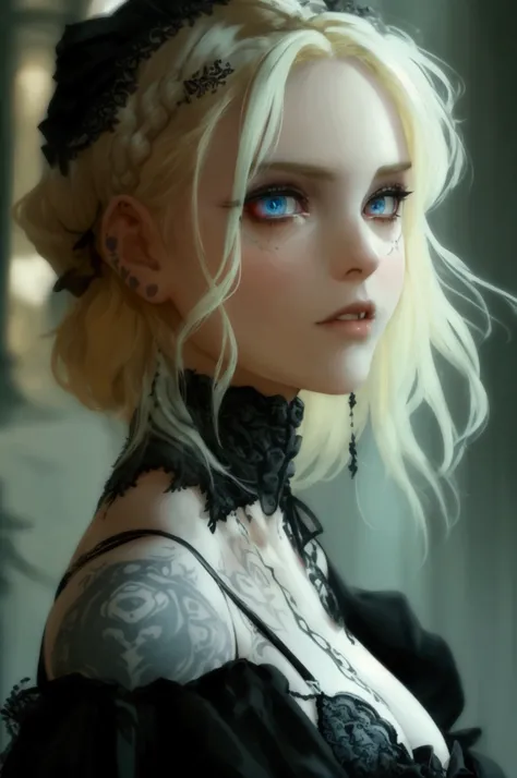 Clear and detailed facial features, beautiful woman, blonde hair, braided, elegant gothic make-up, large expressive eyes, intricate tattoos, wearing a disheveled gothic-style corset minidress, shoulder straps, half jacket, falling off ahoulders, beautiful ...