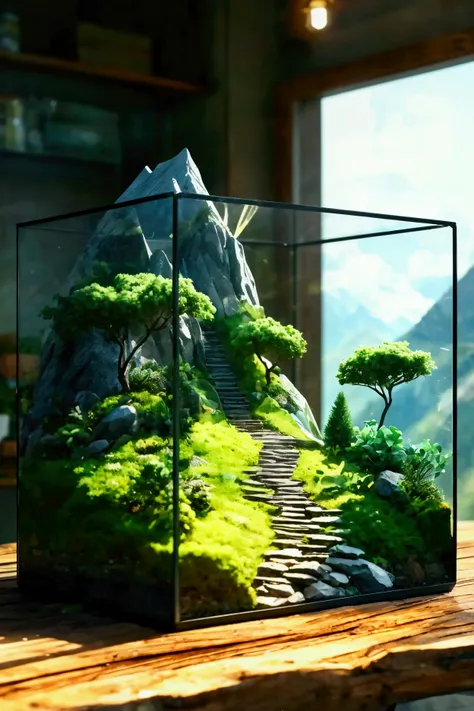 
Design a terrarium model with a majestic mountain, a green lawn and a trail going up the mountain in a rectangular glass box, above the box are light bulbs shining into the box creating light 25cm horizontal x 15cm long. x height 25cm,full hd,
4k image qu...