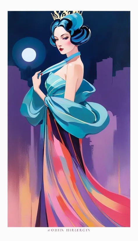 chiaroscuro technique on sensual illustration of an elegant queen , vintage ,silky dress, matte painting, by John Singer Sargent, by Harumi Hironaka, extremely soft colors, vibrant, pastel, highly detailed, digital artwork, high contrast, dark dramatic, re...