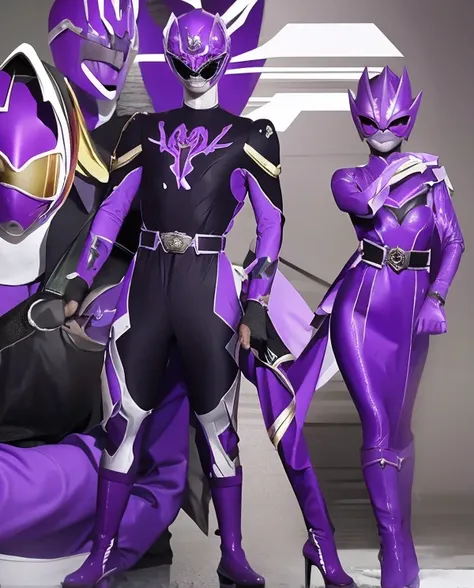 A woman purple evil rangers, purple villains ranger suit, as she power rangers purple, full body , helmet mask, long hair, high detailed, realistic, gloves, ultra realistic, ((full face helmet)), black shield sunglasses on eyes, smart black sunglasses 