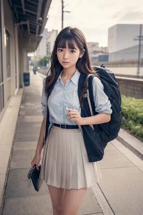 a young japanese high school girl with a broken wrist in a cast, walking to school, intricate details, beautiful detailed eyes, beautiful detailed lips, extremely detailed face, long eyelashes, pleated skirt, school uniform, backpack, cityscape, cloudy sky...