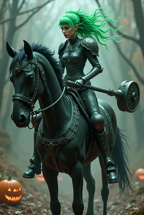 A attractive beautiful very young Frankenstein monster girl, riding on top of  a black bicorn nightmare horse, holding a gaint screw Hammer, with European face features, both facing front, green hair color, wearing treasured jewelries, wearing treasure gra...