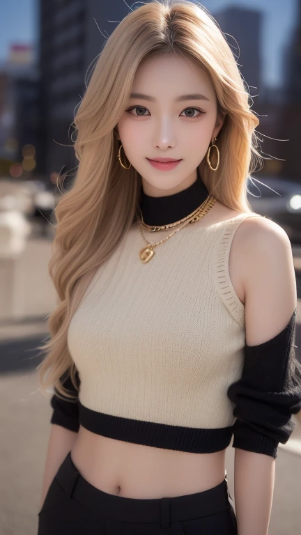 Please redeem, Tabletop, Ultra-high resolution, (Realistic:1.4), (Japanese Idols),RAW Photos, One Girl, night,Detailed skin,South korea cityscape blurred,,Brown short bob、 (Blonde inner hair:1.3),Glossy lips,smile,(Model pose:1.2),21 years old,Beautiful be...